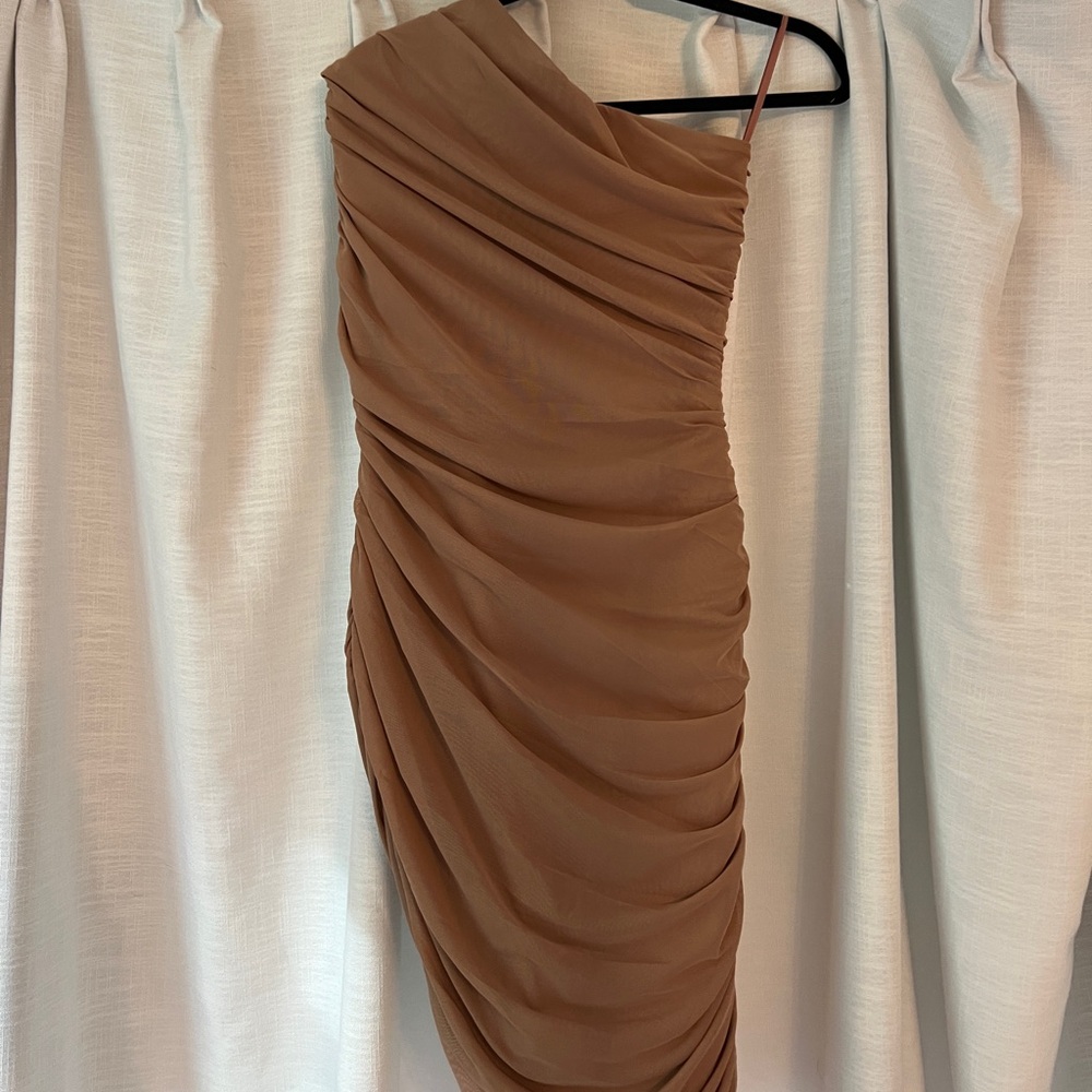 Brown ruched on shoulder dress